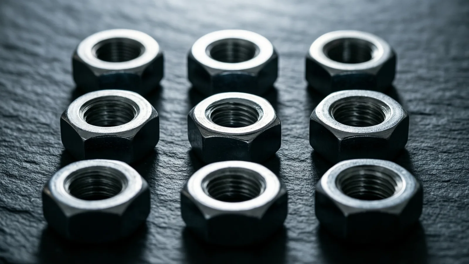Nine steel hex nuts stand in three rows of three on dark slate, their threaded openings catching cool light, with the nut at the centre turned slightly out of line with the others.