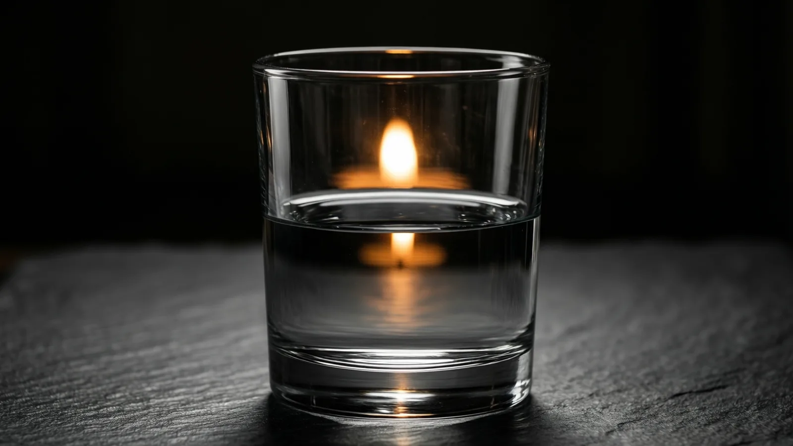 A plain clear glass tumbler stands on dark slate, filled halfway with still water, a single warm flame reflected in the glass and again on the surface of the water.