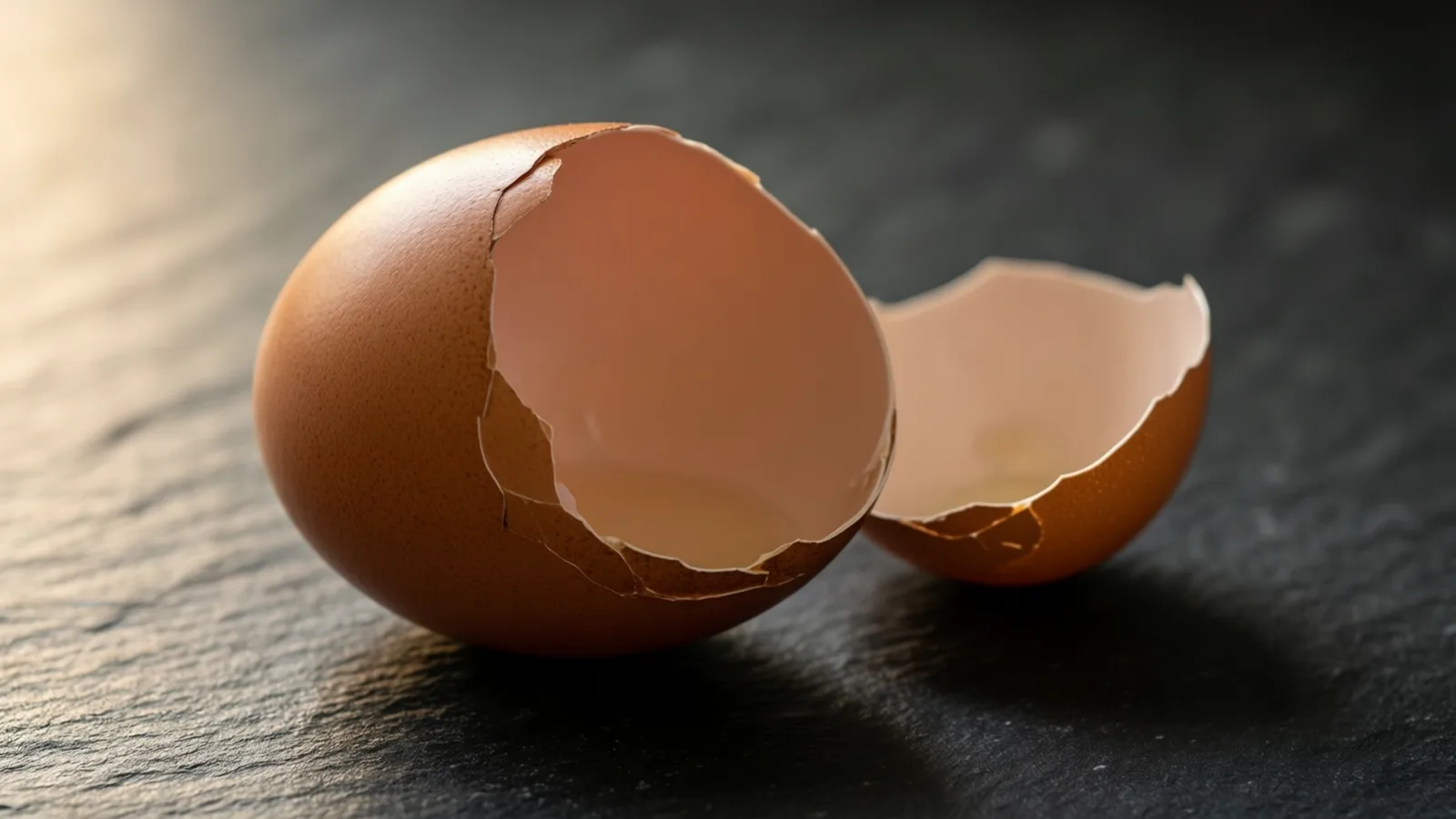 A brown eggshell stands on dark slate with its top broken away, the shell hollow and empty inside, and the broken cap resting beside it under warm light from the left.