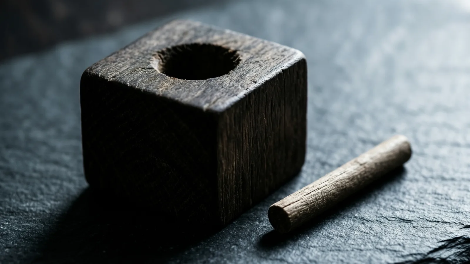 A dark wooden block with a round hole bored into its top face sits on slate, and a pale wooden dowel lies beside it, plainly too thin to fill that hole.