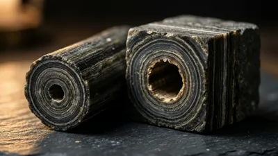 A cylinder of layered stone lies beside a squared block of the same banded stone on dark slate; the cylinder's end shows concentric rings around a small hole, and the block is pierced by a wider round bore.