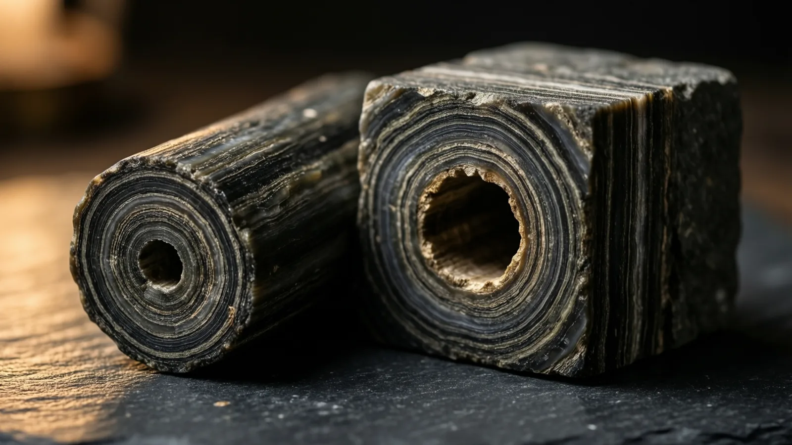 A cylinder of layered stone lies beside a squared block of the same banded stone on dark slate; the cylinder's end shows concentric rings around a small hole, and the block is pierced by a wider round bore.