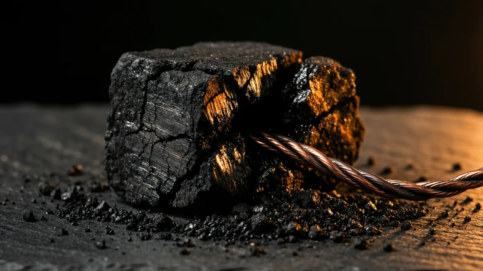 Un bloque de carbón vegetal partido se alza sobre pizarra oscura; sus caras interiores rotas dejan ver la veta de la madera que fue y recogen una luz cálida que llega desde la derecha, mientras un cable de cobre trenzado entra por ese lado y desaparece en la hendidura, con migas negras esparcidas sobre la piedra alrededor de su base.
