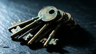 A tight cluster of tarnished brass keys with mottled oxidation sits on dark slate under a cold blue-white light.