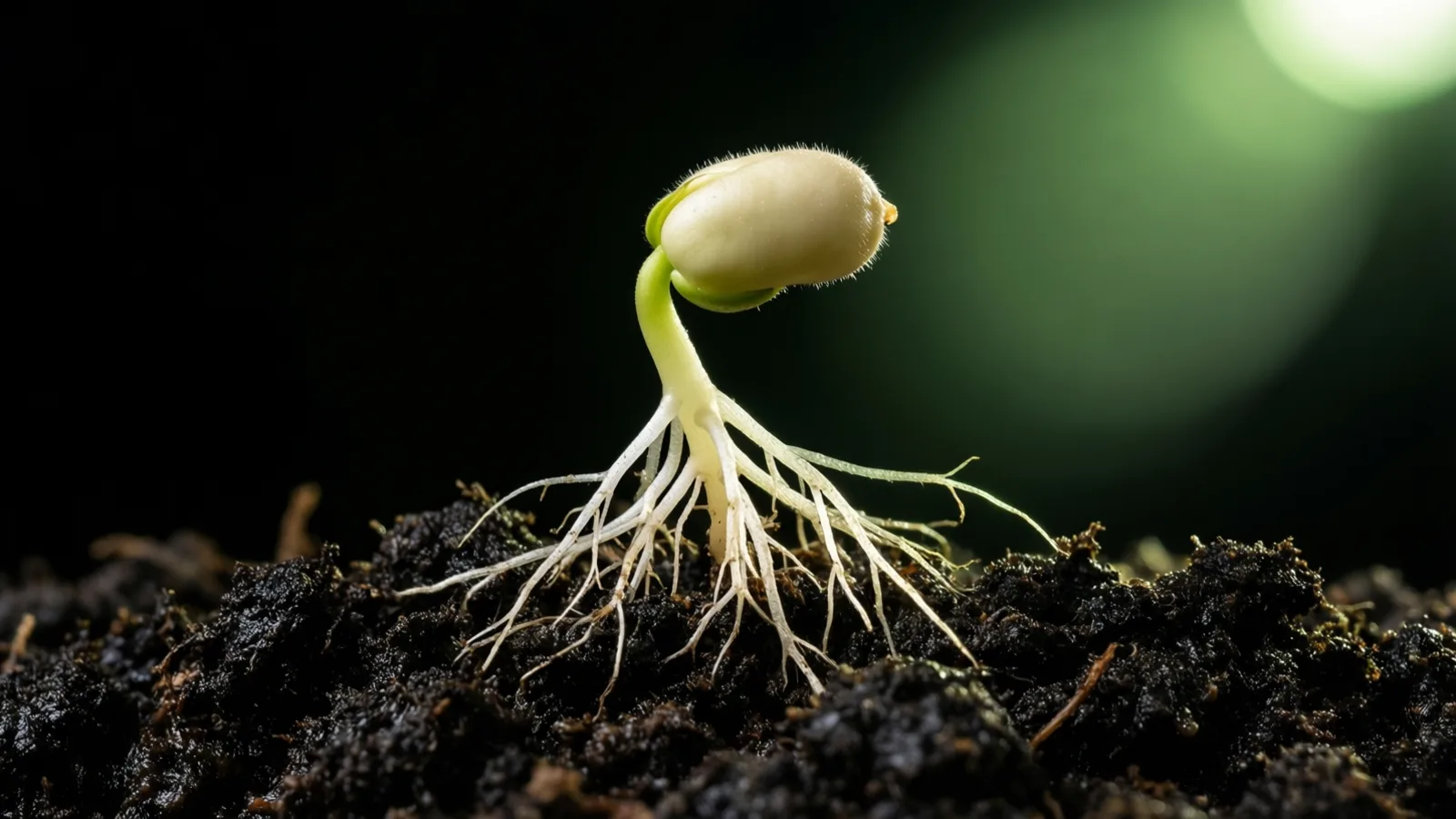 Una semilla de frijol pálida en germinación, con tallo verde y finas raíces blancas extendidas sobre tierra oscura y desmenuzable. Un suave resplandor verde ilumina el fondo negro desde la esquina superior derecha.