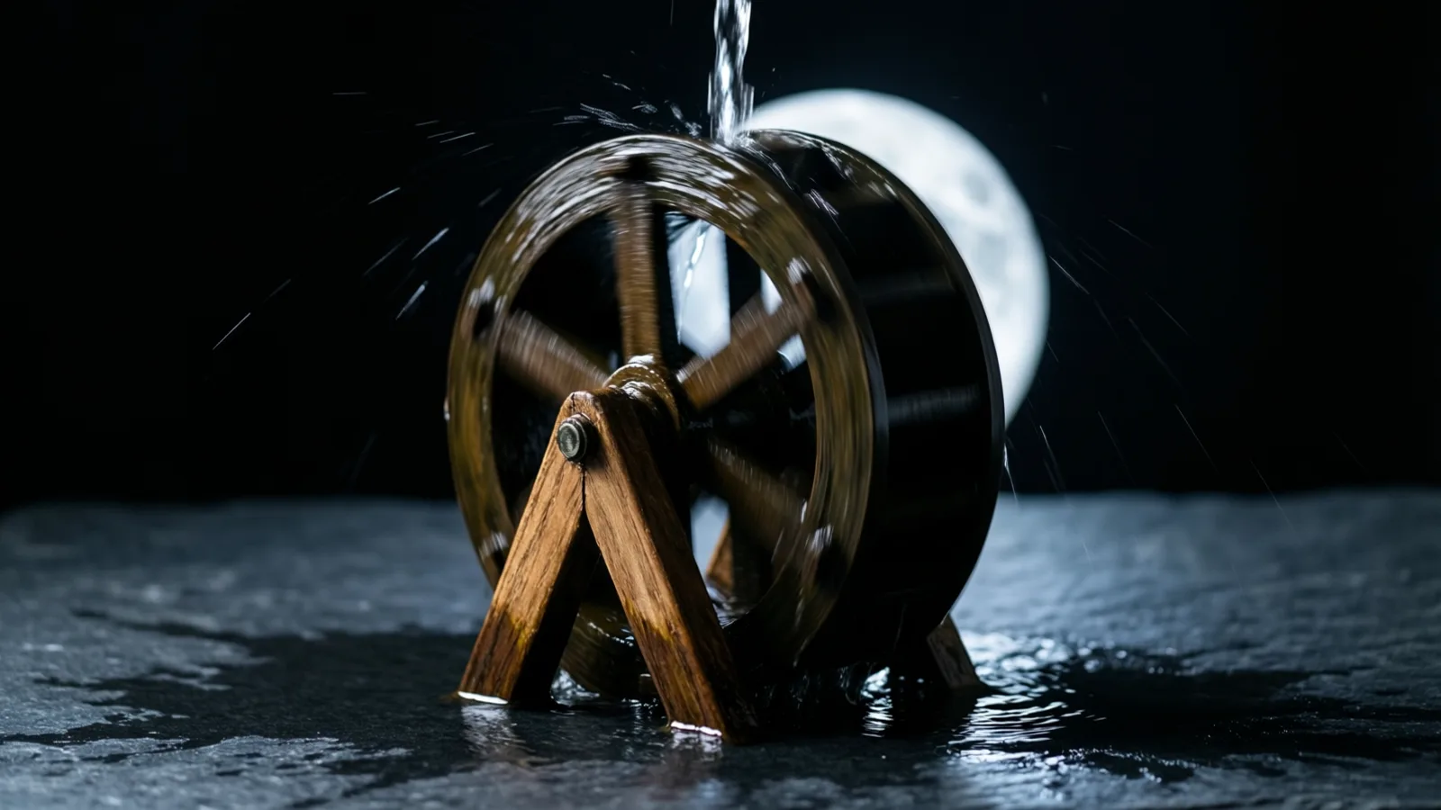 Una pequeña rueda de agua de madera sobre un soporte de madera en forma de A, con un chorro de agua que cae sobre su parte superior y salpica gotas. Está sobre pizarra oscura y mojada, frente a un disco pálido parecido a la luna y un fondo negro.