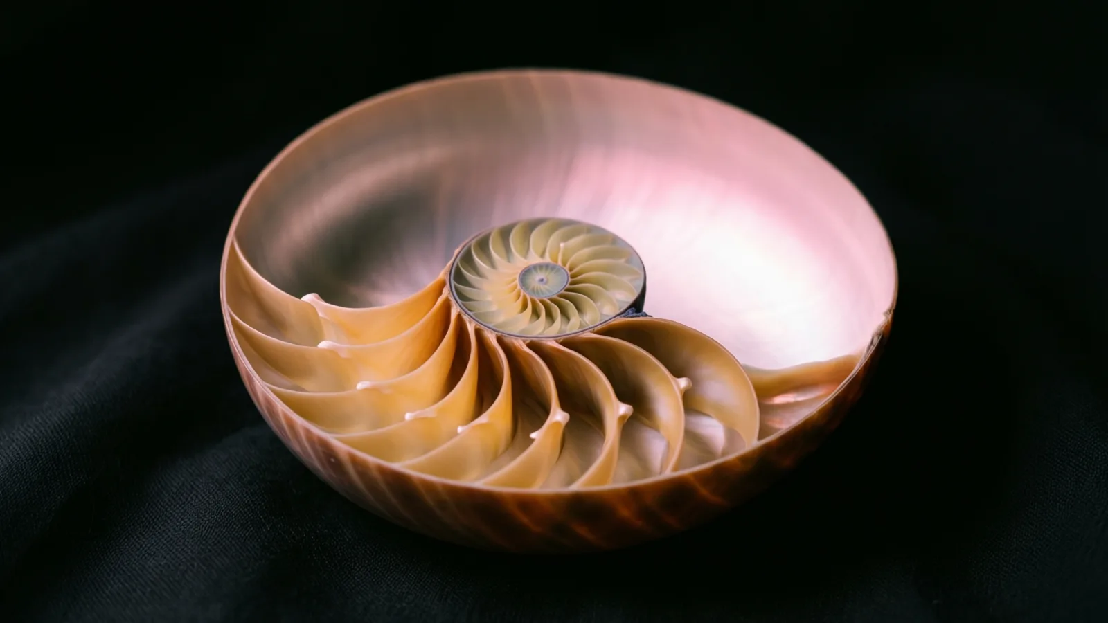 Una concha de nautilo cortada por la mitad que muestra sus cámaras curvas y la espiral central, con un interior nacarado liso en tonos rosa y crema. Descansa sobre una tela oscura con pliegues, y la luz cae sobre la parte superior interior.