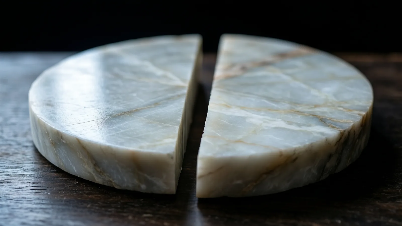 Un disco grueso y redondo de piedra pálida con vetas, partido en dos mitades con un espacio estrecho entre ellas, descansa sobre una superficie de madera oscura. La luz cae desde la parte superior izquierda y da a la mitad izquierda un brillo pulido, contra un fondo oscuro.