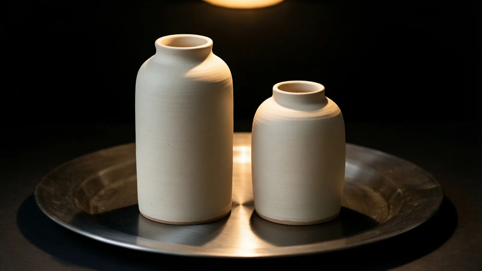 Dos jarras de cerámica mate color crema, una más alta que la otra, están sobre una bandeja metálica redonda y rayada. La luz cálida de un foco brillante en el borde superior cae sobre sus hombros y sobre el centro de la bandeja, con fondo negro.