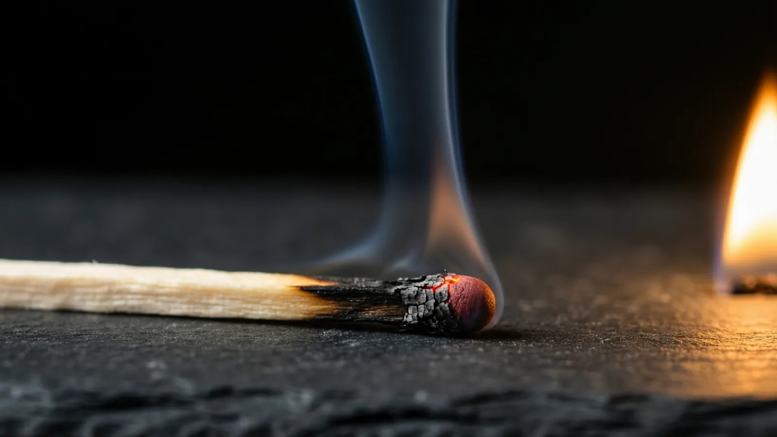 Un fósforo de madera quemado, con la punta carbonizada y rojiza, yace sobre una superficie oscura de piedra gris, con un hilo delgado de humo que sube desde él. Una llama en el borde derecho arroja una luz cálida sobre la superficie, contra un fondo negro.