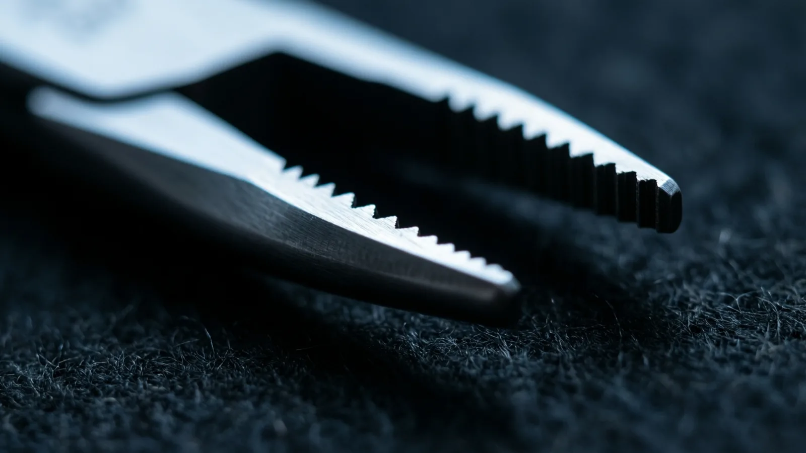 Un plano macro muestra las puntas finas y dentadas de un fórceps de acero sobre fieltro oscuro, bajo una luz fría y estrecha.