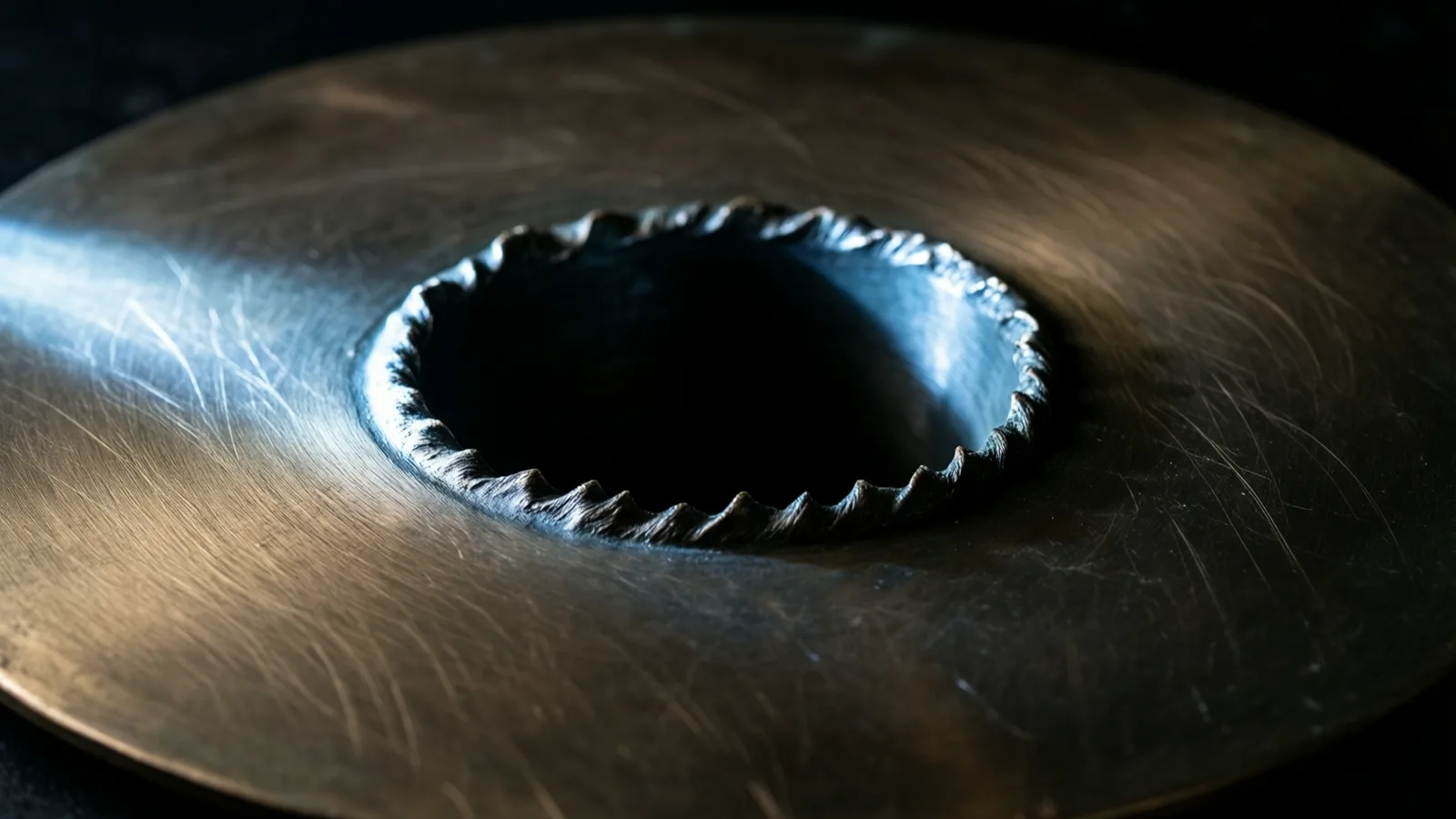 Un amplio disco de bronce ocupa el encuadre sobre un fondo casi negro, con el centro hundido en un cráter oscuro rodeado de metal levantado y desgarrado, mientras una luz fría rasante revela finos arañazos circulares.