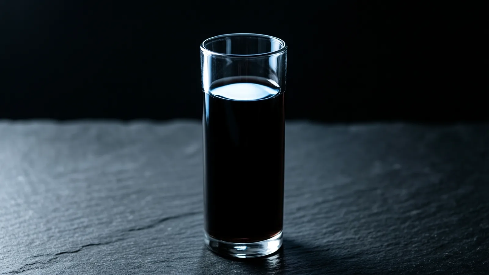 A slender glass cylinder holds a column of dark liquid, its meniscus lit by a narrow band of cold light.