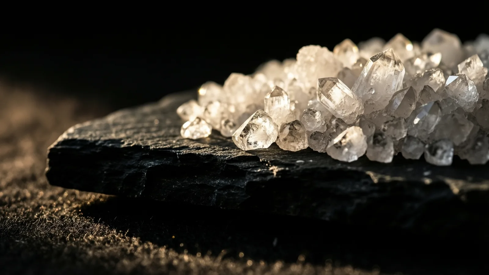 A cluster of clear pointed crystals sits along the top edge of a dark layered stone slab resting on coarse dark fabric, lit by warm low light from the right against a black background.