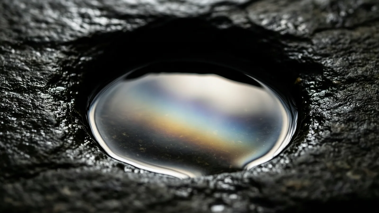 A thin sheen of oil pools in a shallow slate depression, breaking into faint rainbow bands under cold light.