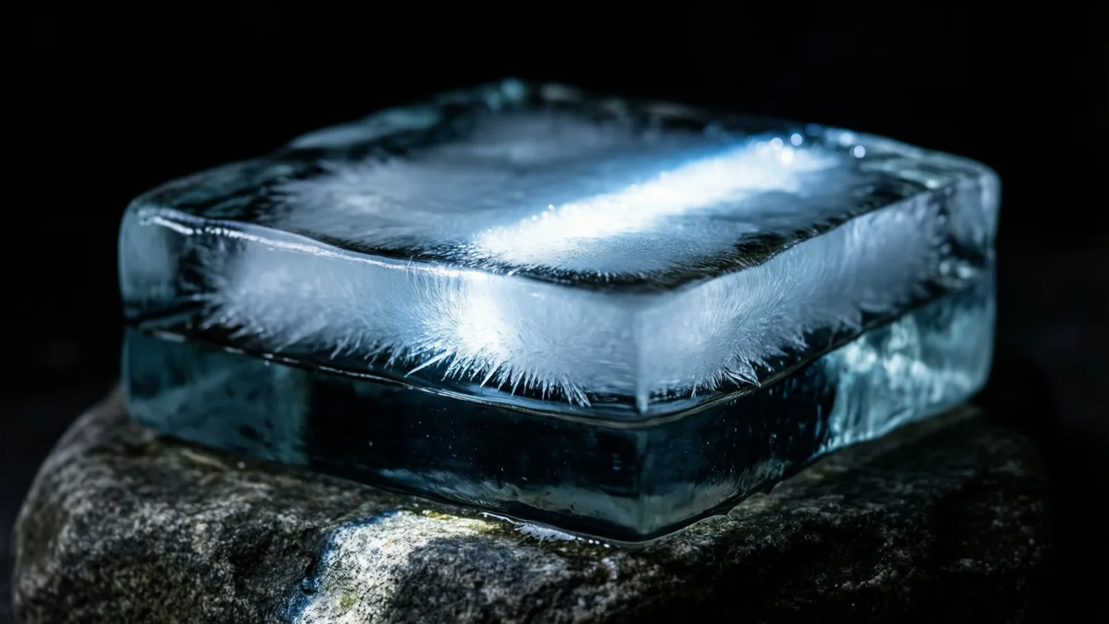 One block of transparent material with icy, fibrous patterns rests on a rough, dark stone, light reflecting brightly on its top surface, highlighting its edges and internal textures.