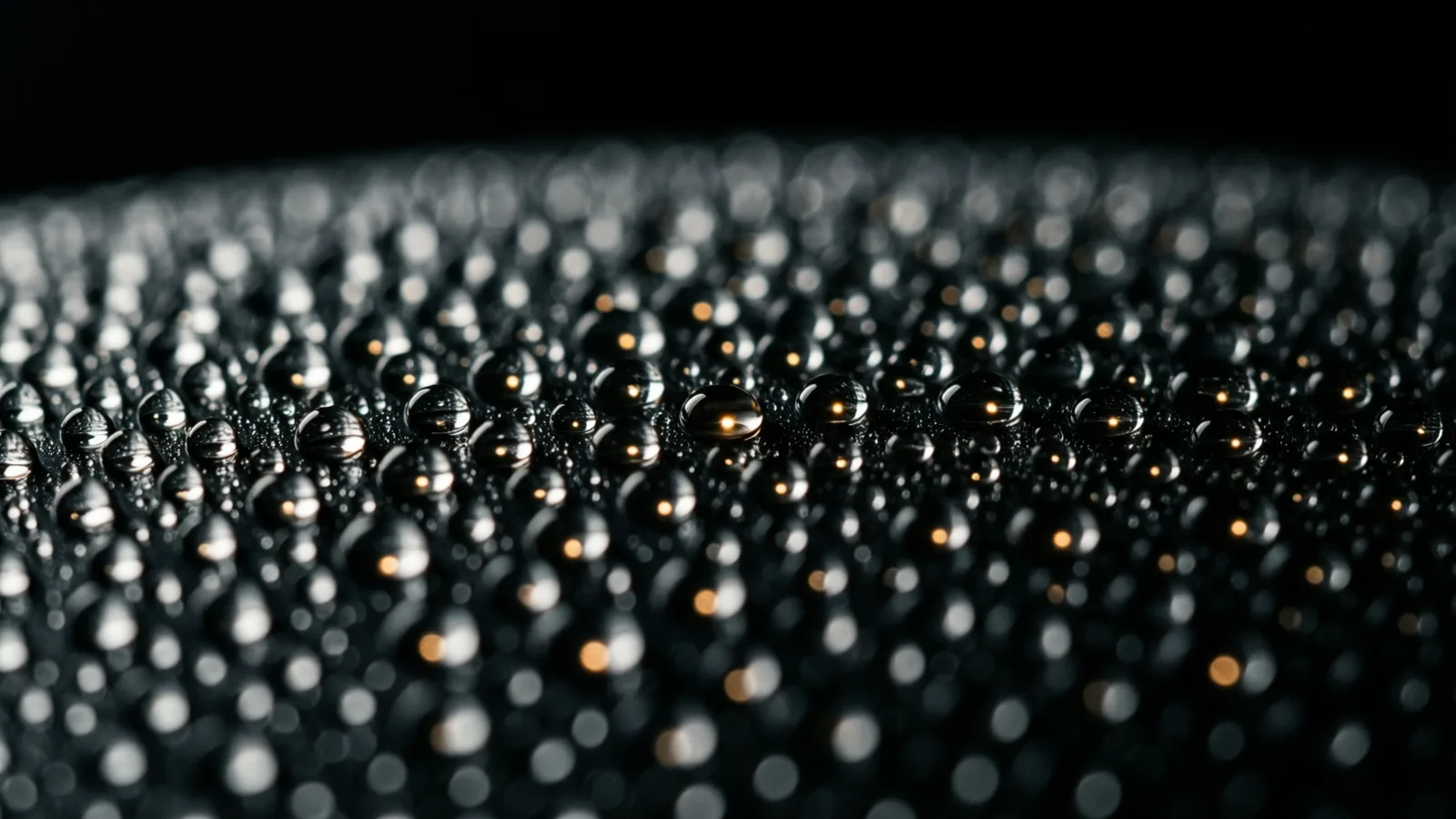 Several metallic-looking droplets of varying sizes rest closely together on a dark surface, light reflecting as bright highlights on their curved tops, with some appearing golden or white.