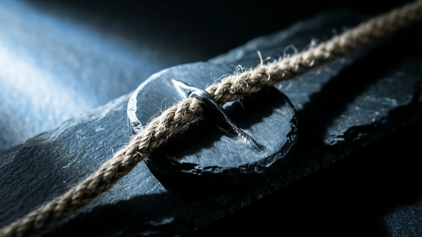 A thick frayed beige rope passes through a dark circular metal piece resting on layered dark stone, light from the upper left cutting sharp shadows.