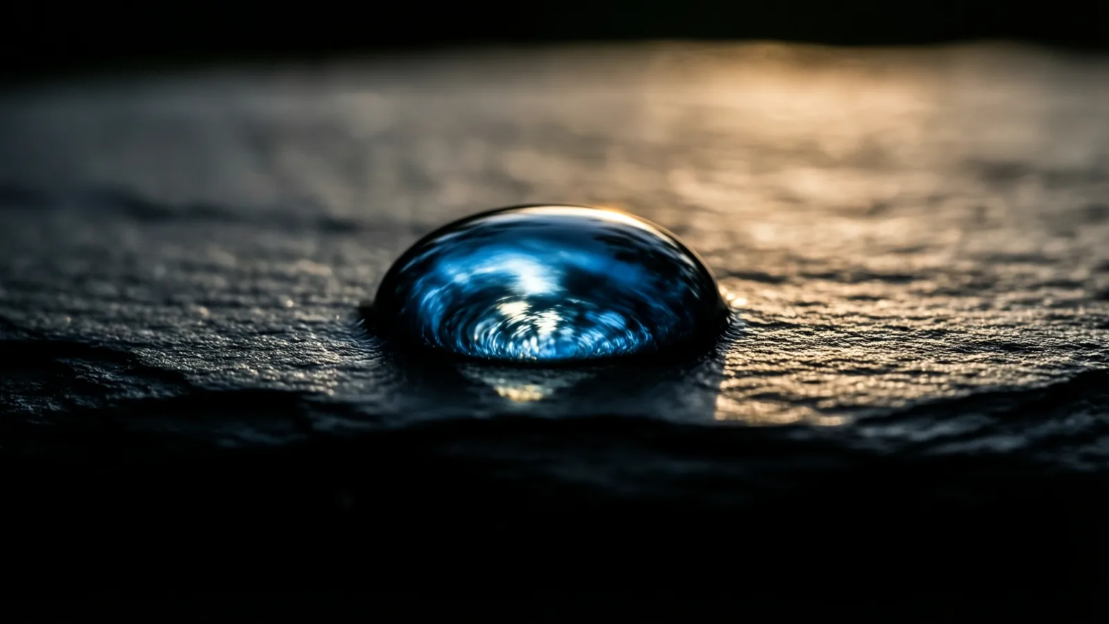 One droplet rests on a dark, textured surface, light reflecting off its top and right side, casting warm highlights while the rest remains in shadow.