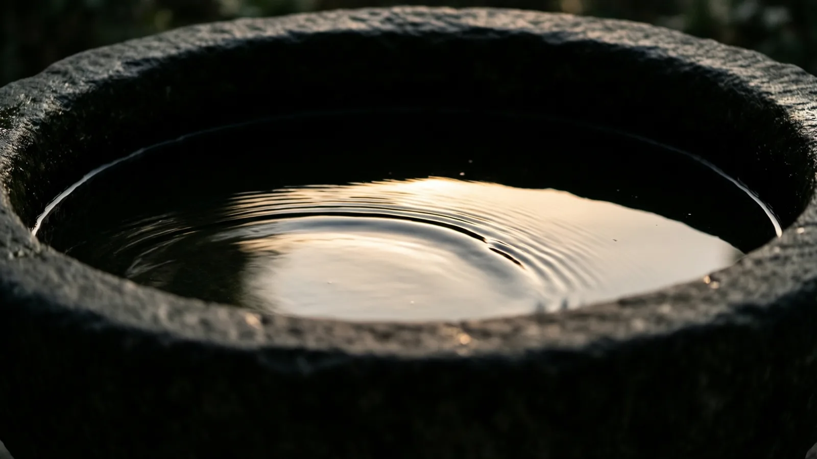 One circular stone basin, made of dark, coarse material, holds water with concentric ripples, light reflecting brightly on the surface, illuminating the centre while the rim and background remain shadowed.