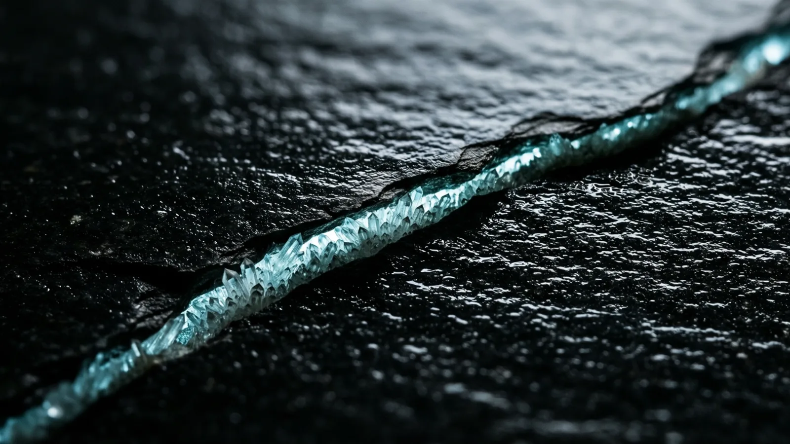Several sharp, faceted crystals form a diagonal seam across a rough, dark, textured surface, light reflecting off the crystals, creating bright highlights along the crack.
