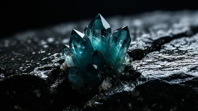 Un racimo de cristales de un azul verdoso intenso crece a lo largo de una fractura en piedra negra mojada, bajo una hoja de luz fría.