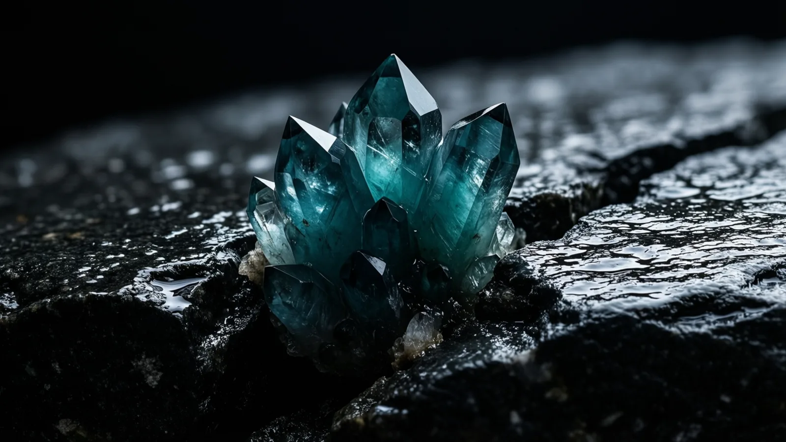 A cluster of deep blue-green crystals grows along a fracture in wet black stone under a cold blade of light.