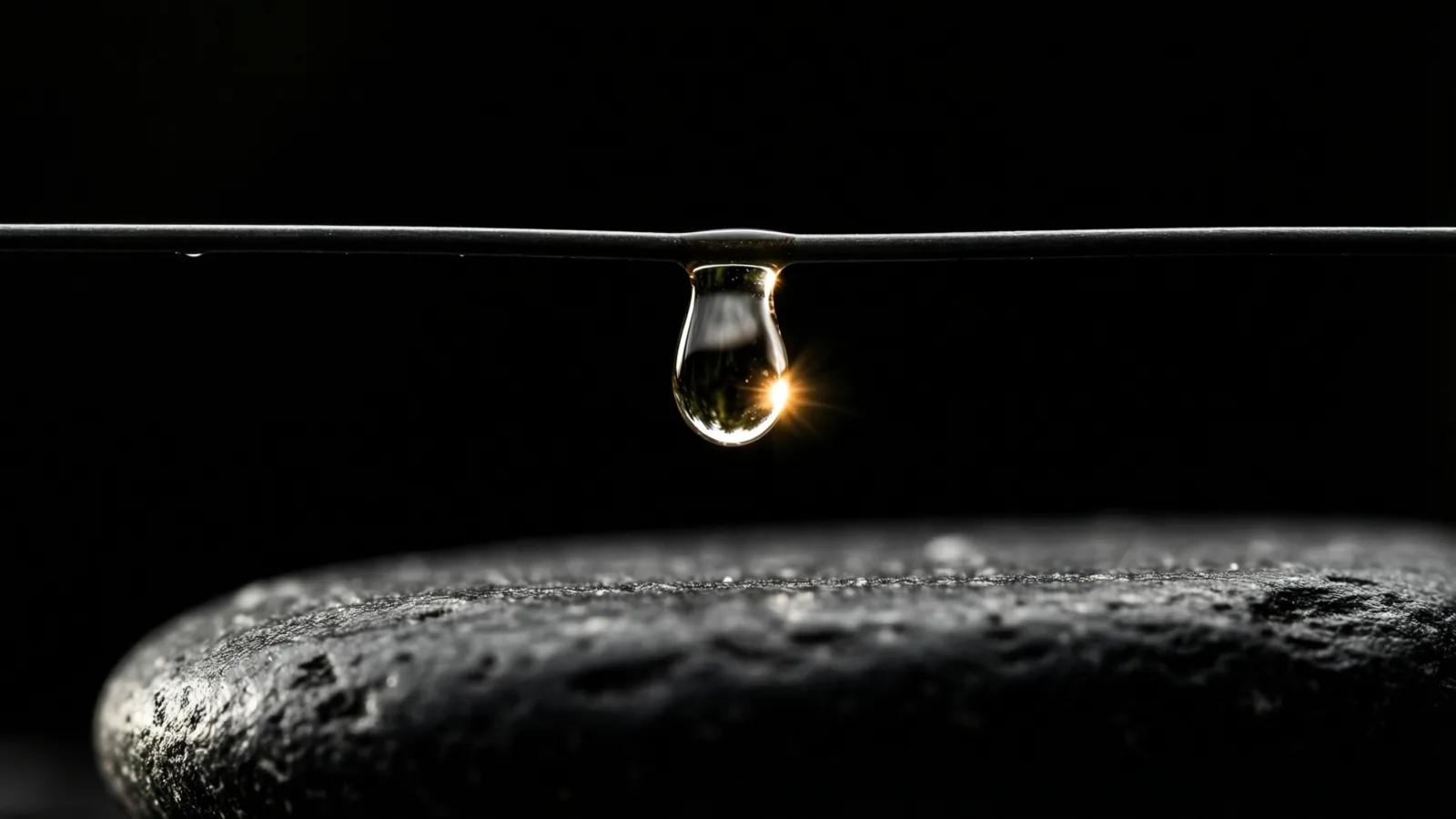 Una sola gota transparente cuelga del centro de un alambre fino que cruza el encuadre de borde a borde, con un punto de luz cálida brillando en su interior sobre la cúpula de una piedra oscura y picada sobre fondo negro.