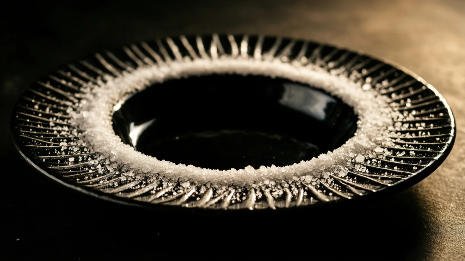 Una costra de cristales de sal pálidos rodea el borde interior de un recipiente negro poco profundo, bajo una luz cálida rasante.