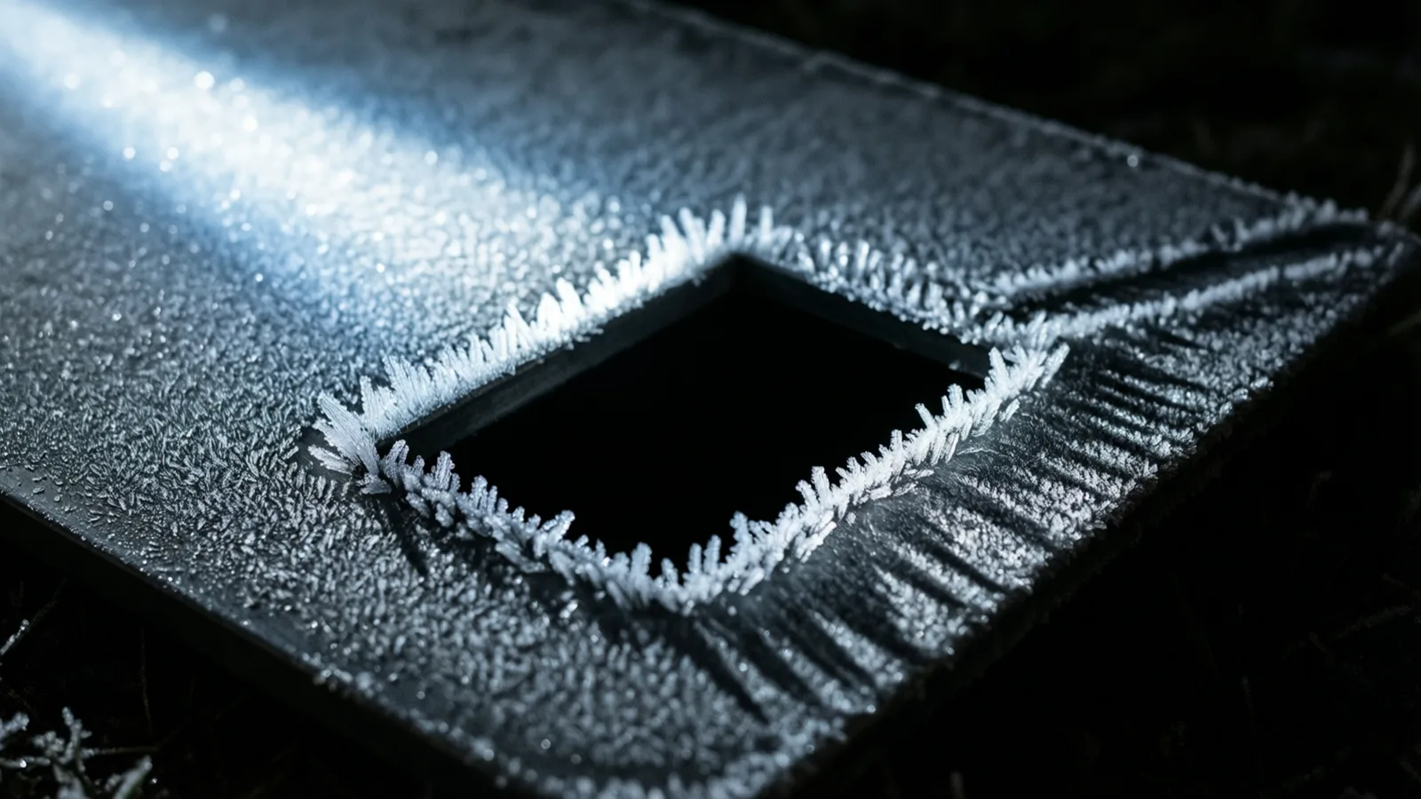 Una placa metálica oscura cubierta de escarcha yace inclinada, con una abertura rectangular negra en el centro y el borde erizado de cristales blancos, bajo una única luz fría rasante; detrás, tallos secos desenfocados en la oscuridad.