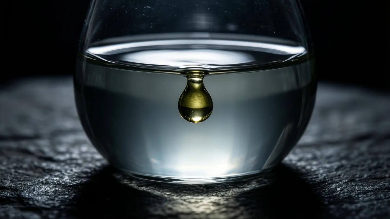 A clear glass vessel holding liquid stands on a dark textured surface with a single golden droplet hanging from its rim, lit from below so the surface beneath glows softly.