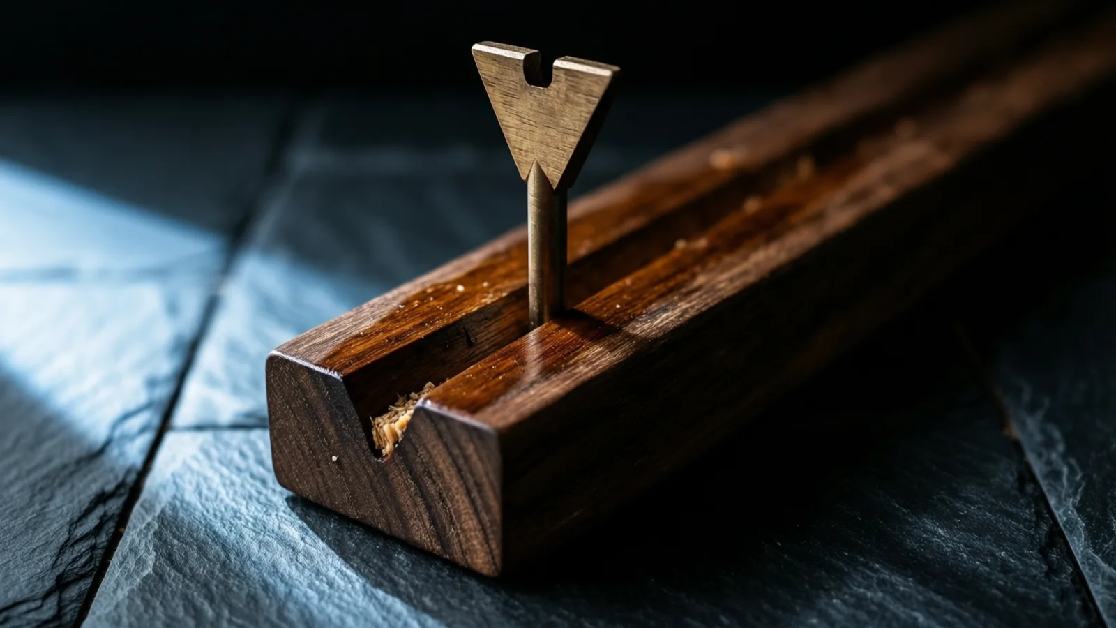 A dark brown wooden plane with a triangular metal blade standing proud of its top lies diagonally on dark textured stone, light from the left raking the wood grain and the blade.