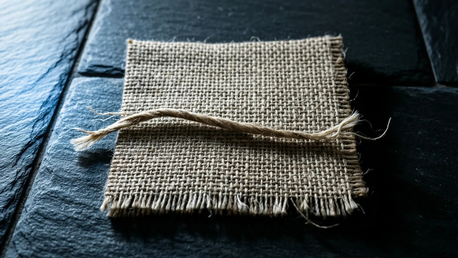 A square of coarse open-weave linen rests on dark blue grey slate, its edges frayed into loose threads, with one twisted cord laid across the middle under cold light falling from the left.