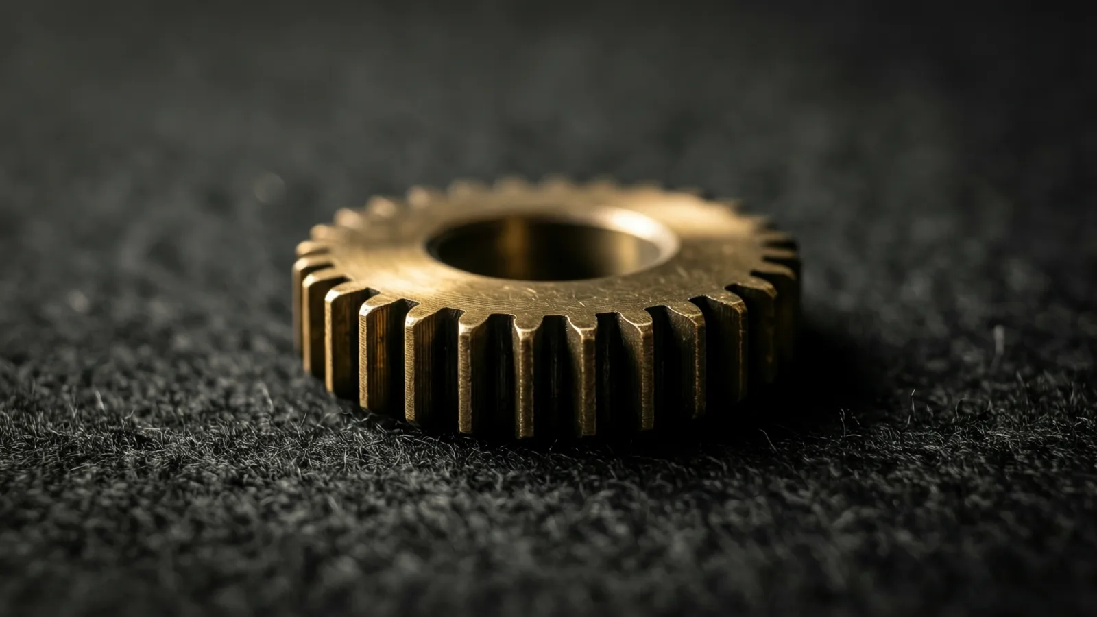 A single metal gear with teeth around its edge and a hole at the centre rests on a dark textured surface, its golden-brown face catching light on the top and right.