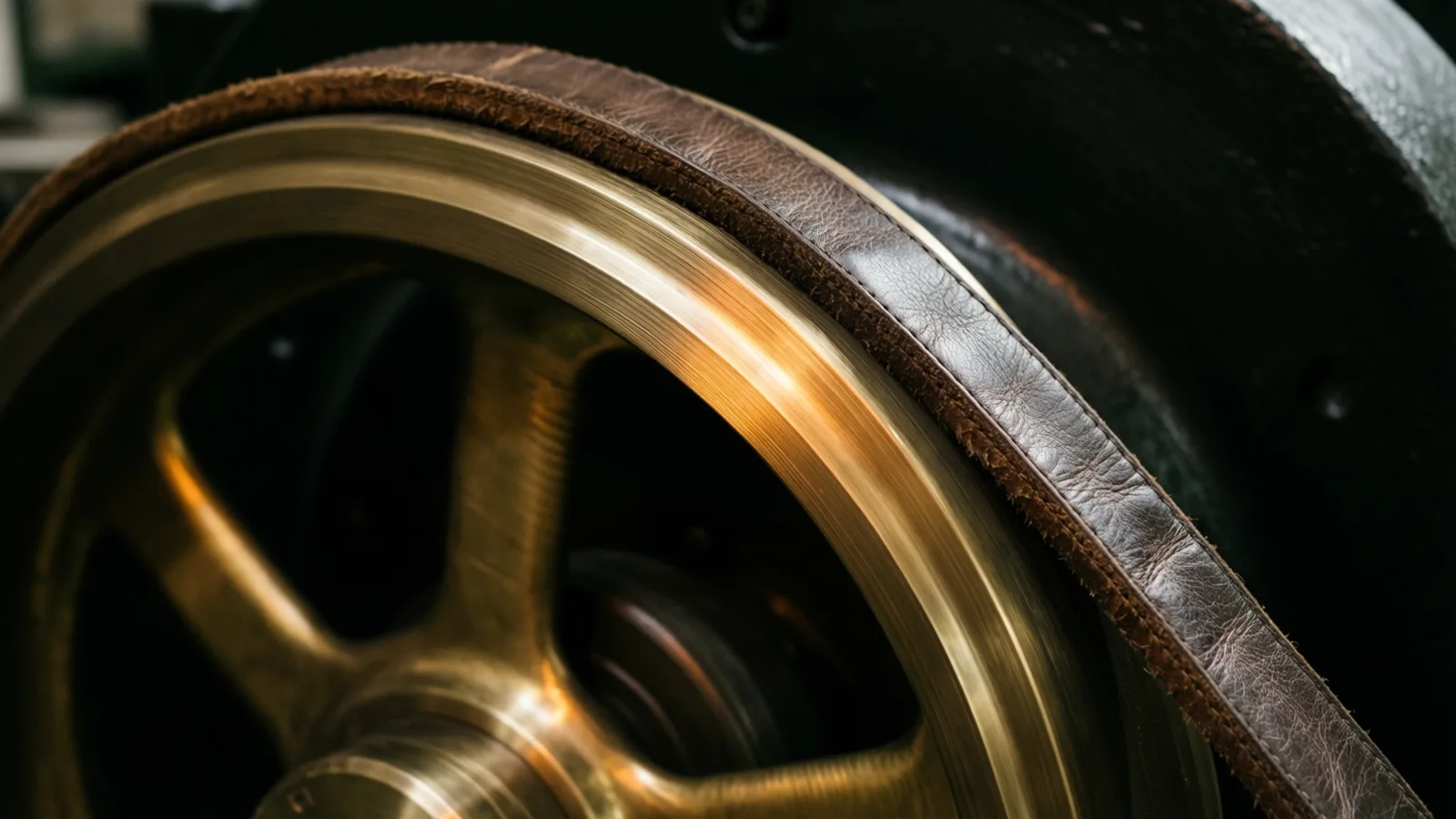 A dark leather belt with a stitched edge runs over the outer rim of a large brass flywheel, warm light raking along the polished rim and its spokes while the black machine casting behind stays in shadow.