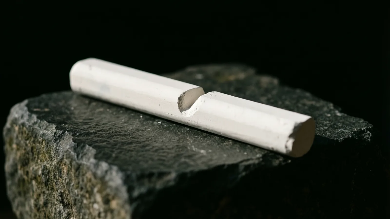Un palito cilíndrico blanco y liso, con una muesca curva a mitad de su largo, descansa sobre una piedra gris oscura y rugosa con zonas de musgo. Una luz suave ilumina el frente del palito y el fondo es negro.