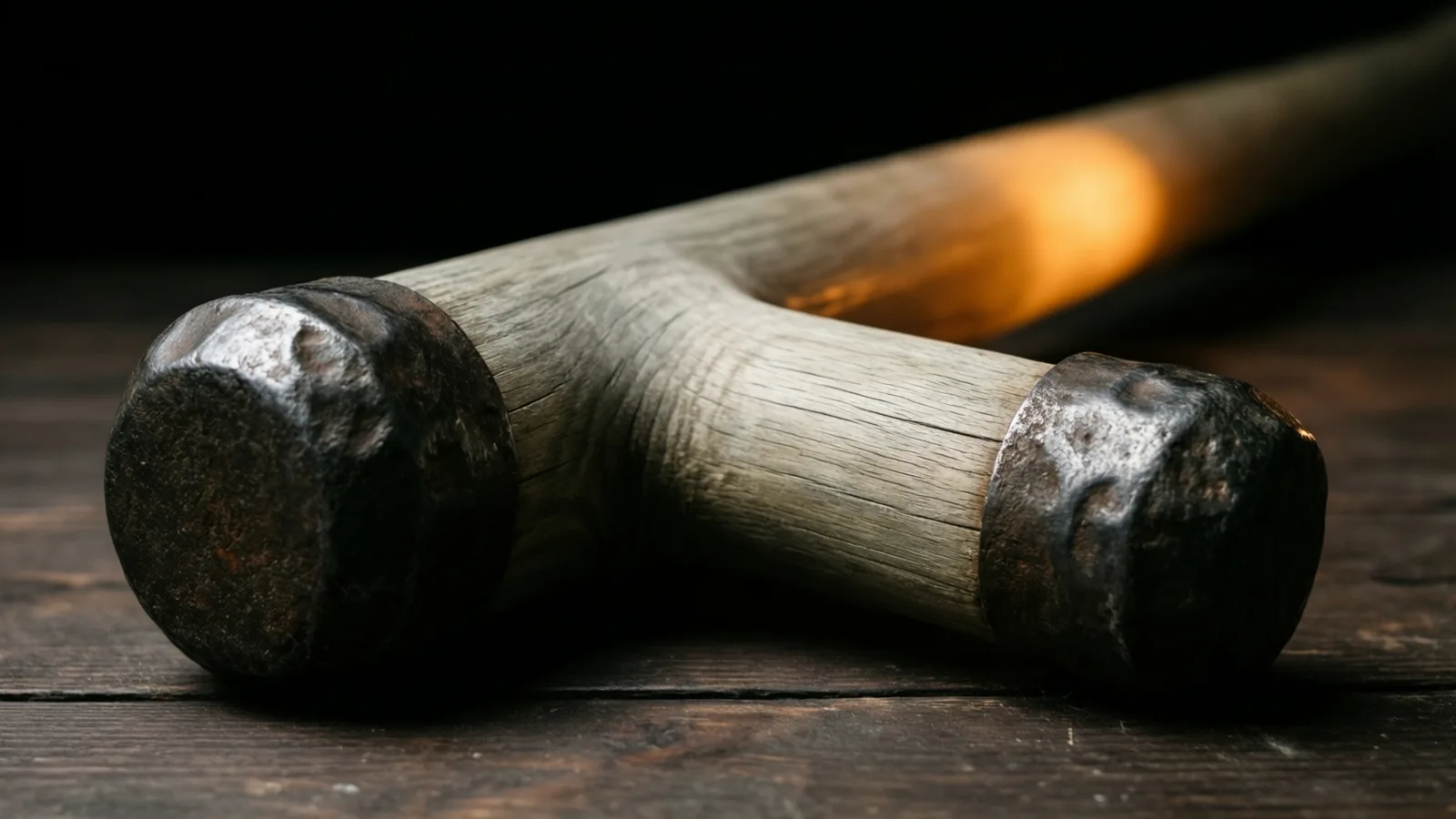 Una pieza de madera gruesa y desgastada, con los extremos cubiertos de metal y un brazo largo que se extiende hacia el fondo, yace sobre un piso de tablas de madera oscura. Un resplandor naranja cálido ilumina el brazo lejano, mientras los extremos metálicos más cercanos quedan en sombra frente a un fondo negro.