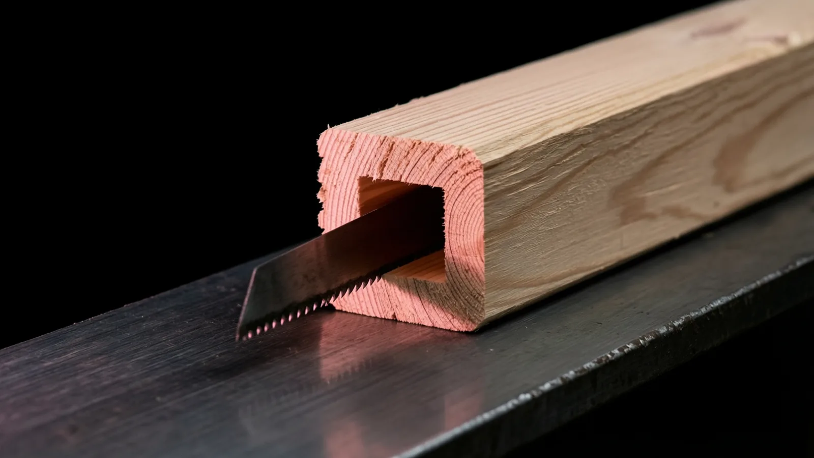 Una viga de madera clara con un orificio cuadrado en su extremo, de veta rosada, tiene una hoja de sierra metálica delgada de dientes finos que lo atraviesa. La luz cae sobre el extremo y la parte superior de la viga, que descansa sobre una tira de metal oscuro frente a un fondo negro.