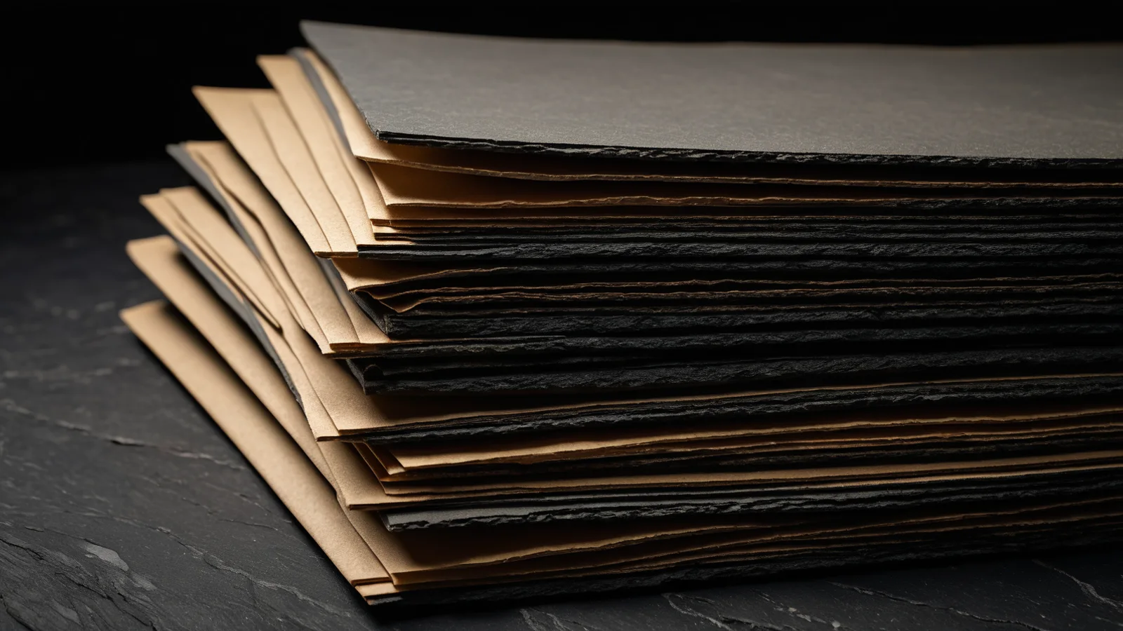 A stack of closed folders in dark and kraft tones lying flat on slate, seen from the side so only the layered paper edges show under warm light.