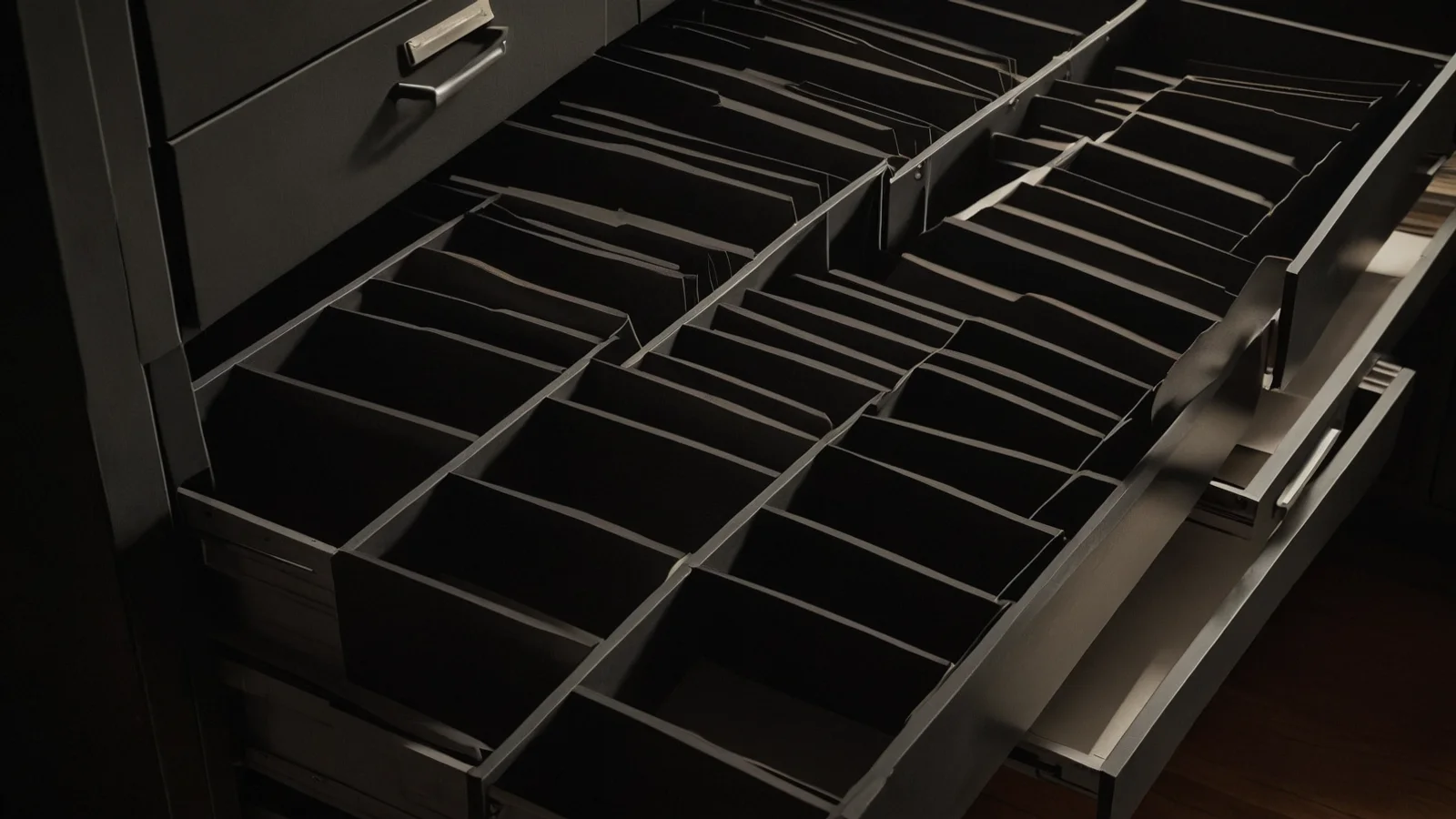 A dark filing drawer seen from above, rows of upright dividers and folder edges caught by one low band of warm light.