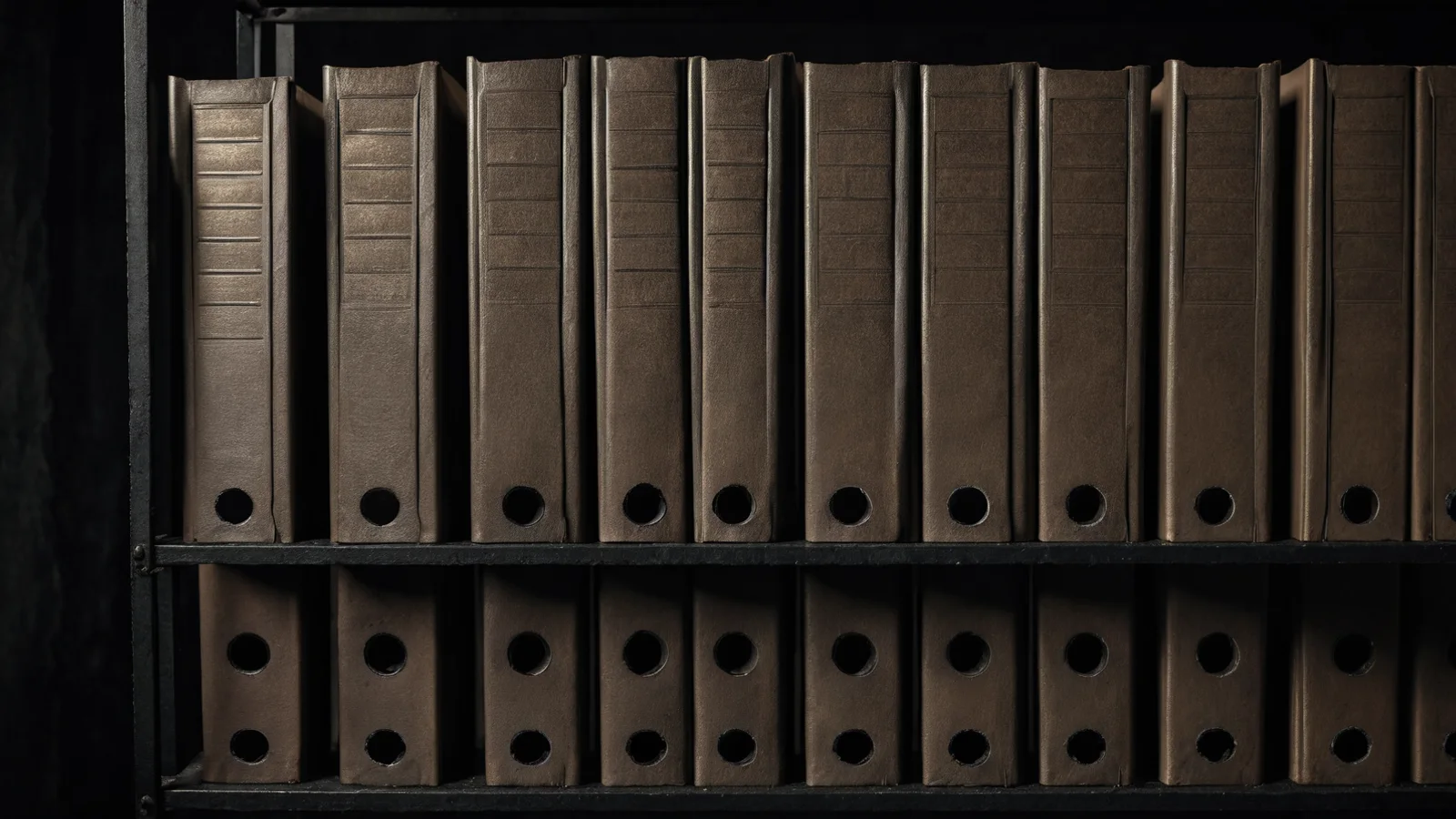 Rows of plain dark binders standing on shelves in deep shadow, their spines forming a quiet repeating pattern.