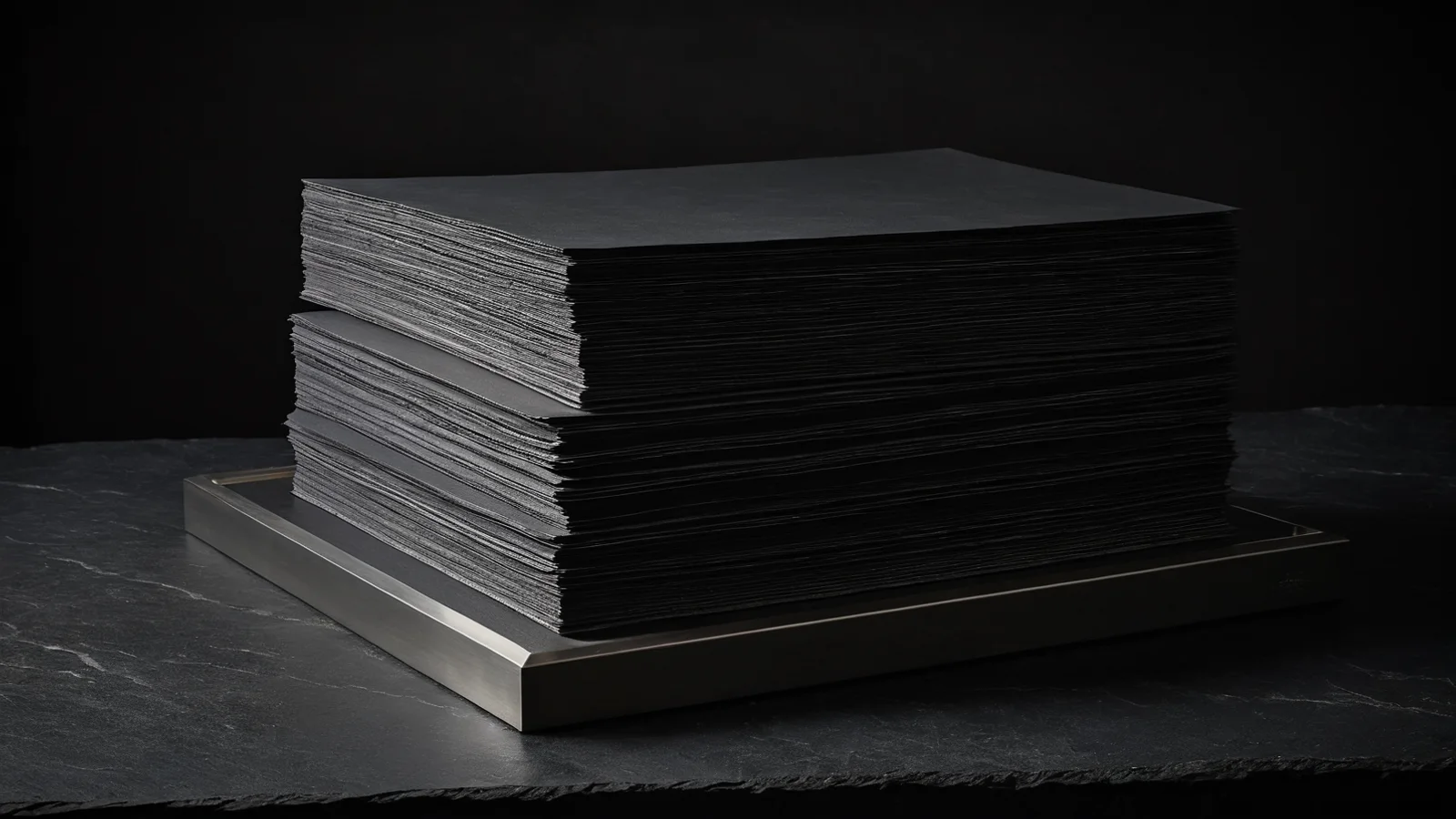 A neat stack of dark paper sheets on a brushed-steel tray, one warm band of light across the top edge.
