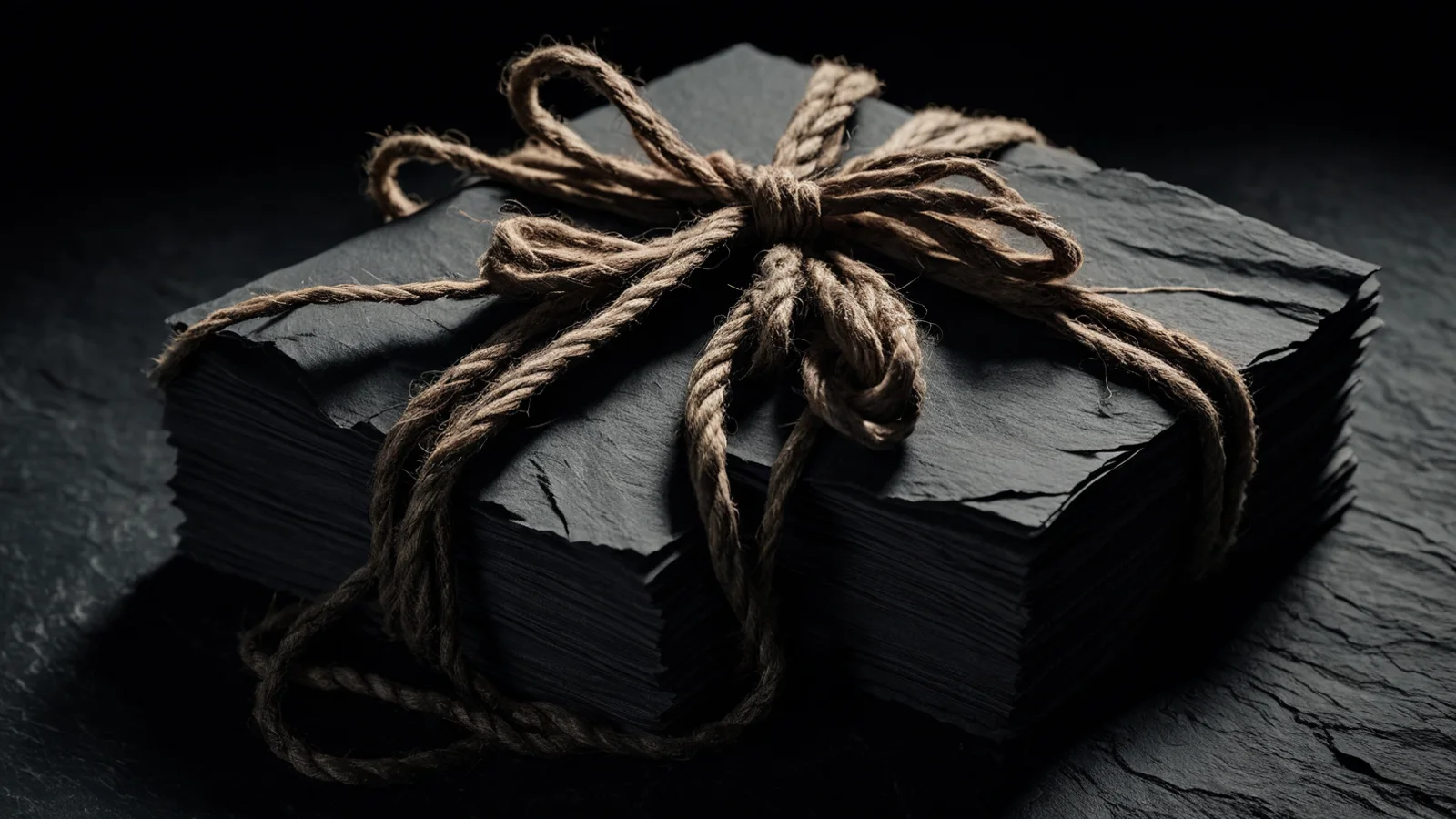 A bundle of dark slate-toned sheets tied with thin natural twine, warm light catching the knot and the layered edges.