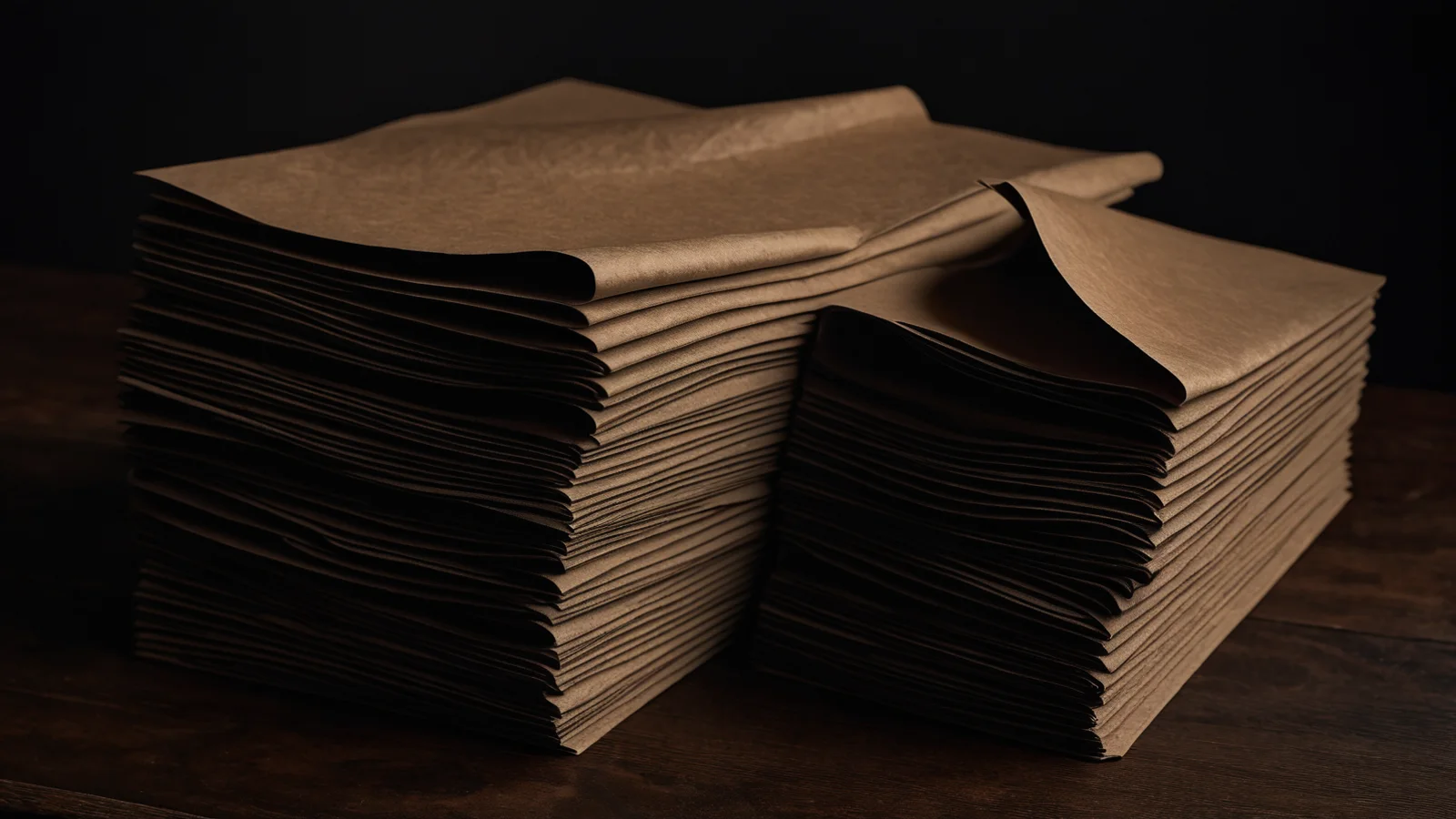 Two piles of folded kraft paper side by side on a dark desk, the soft covers curling gently in low warm light.