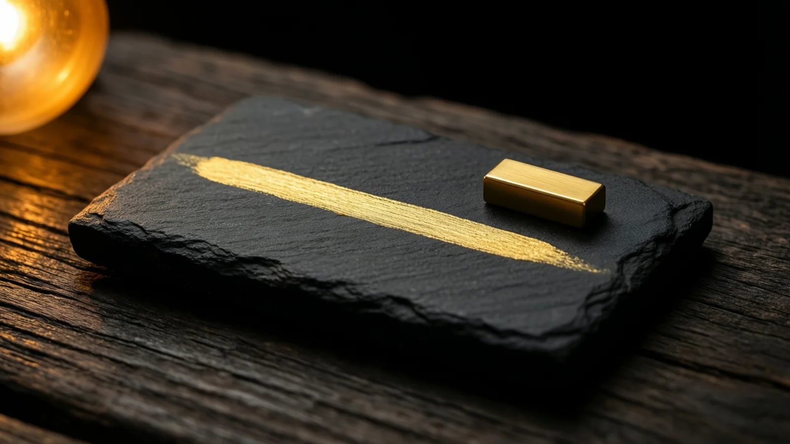 Una pieza plana de pizarra negra de bordes rugosos descansa sobre madera oscura y desgastada, con una pincelada dorada y un pequeño bloque rectangular de metal. Una luz redonda color ámbar, arriba a la izquierda, ilumina la madera; el fondo es negro.