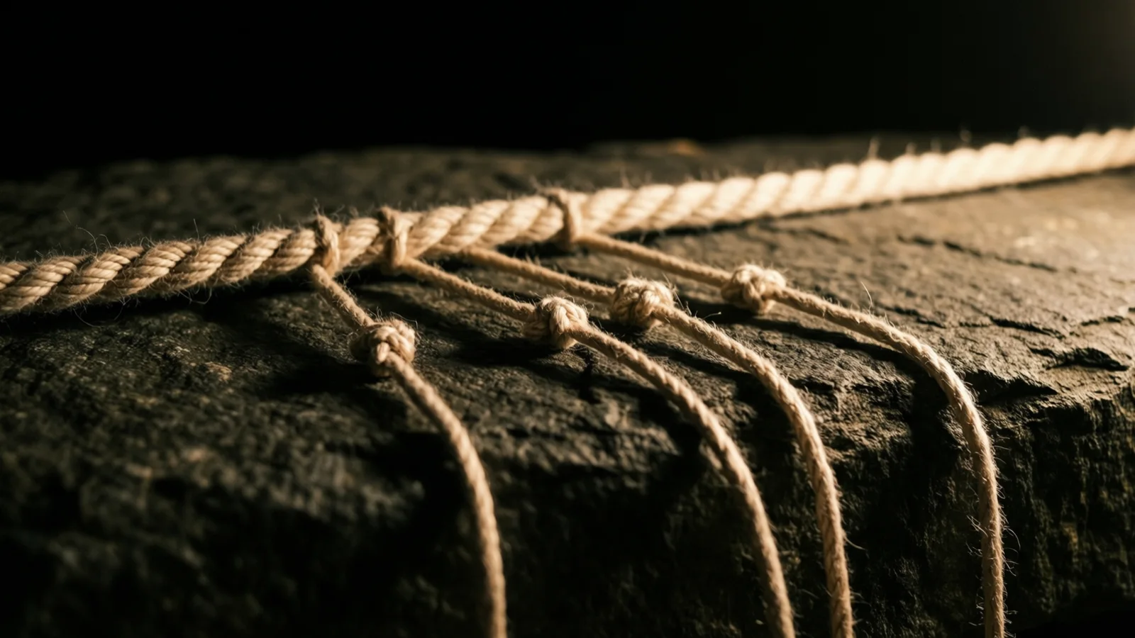 Una gruesa cuerda trenzada de fibra natural recorre el borde de una repisa de piedra oscura y rugosa, y por el frente cuelgan varios cordones delgados con nudos. La luz cae a lo largo de la parte superior de la cuerda; el fondo es negro.