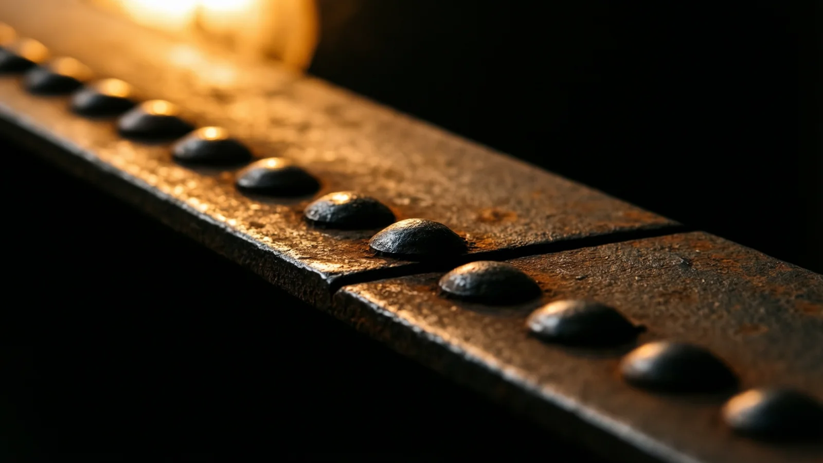 A dark, rust-spotted metal strip runs diagonally with a row of domed rivets along it and a narrow seam across it. Warm light glows blurred at the upper left and catches the rivets; the background is black.