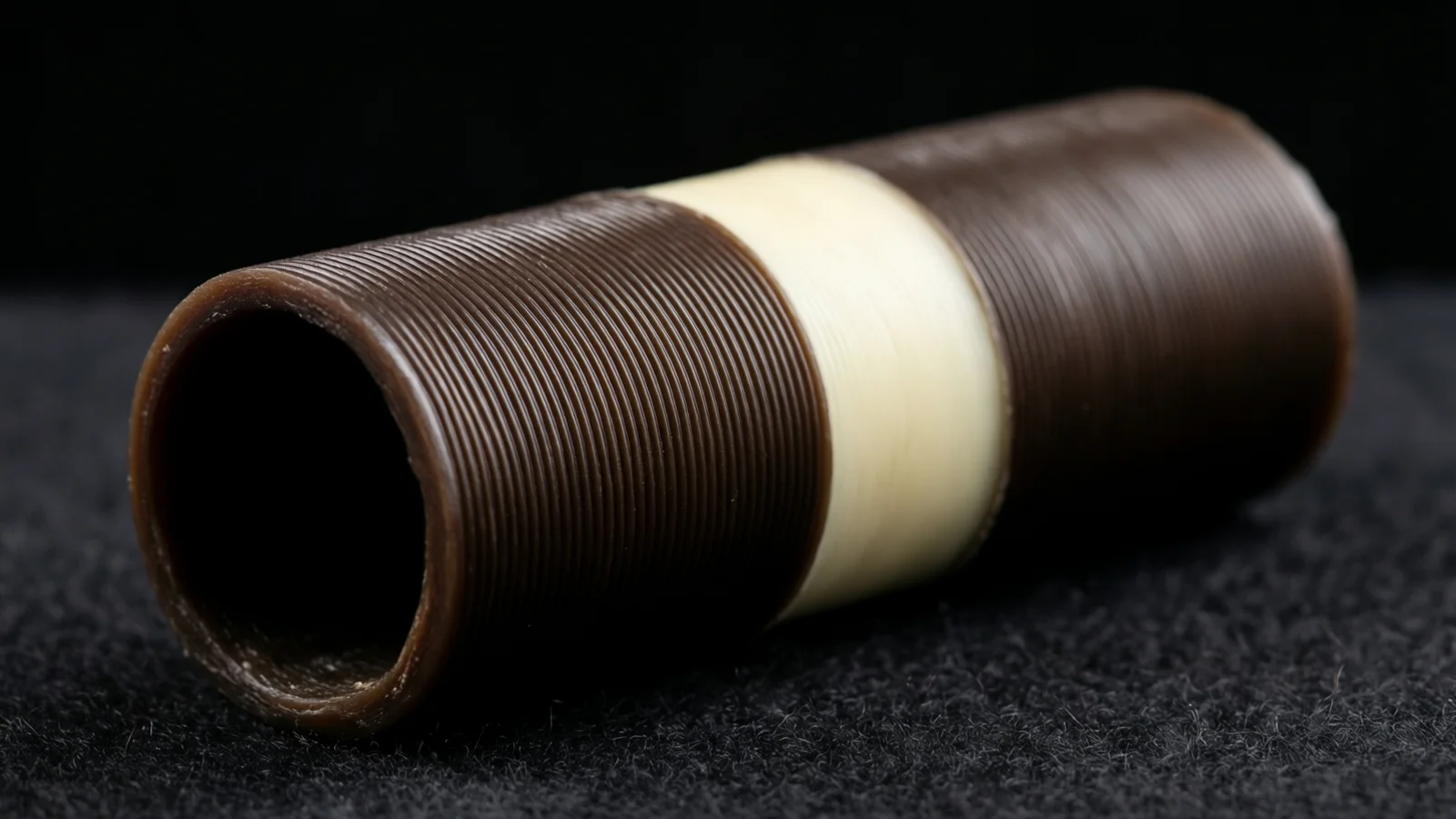 A hollow ribbed brown cylinder with a wide cream band around its middle lies on dark fuzzy fabric. Light falls mostly on the near end and the cream band, while the background fades to black.