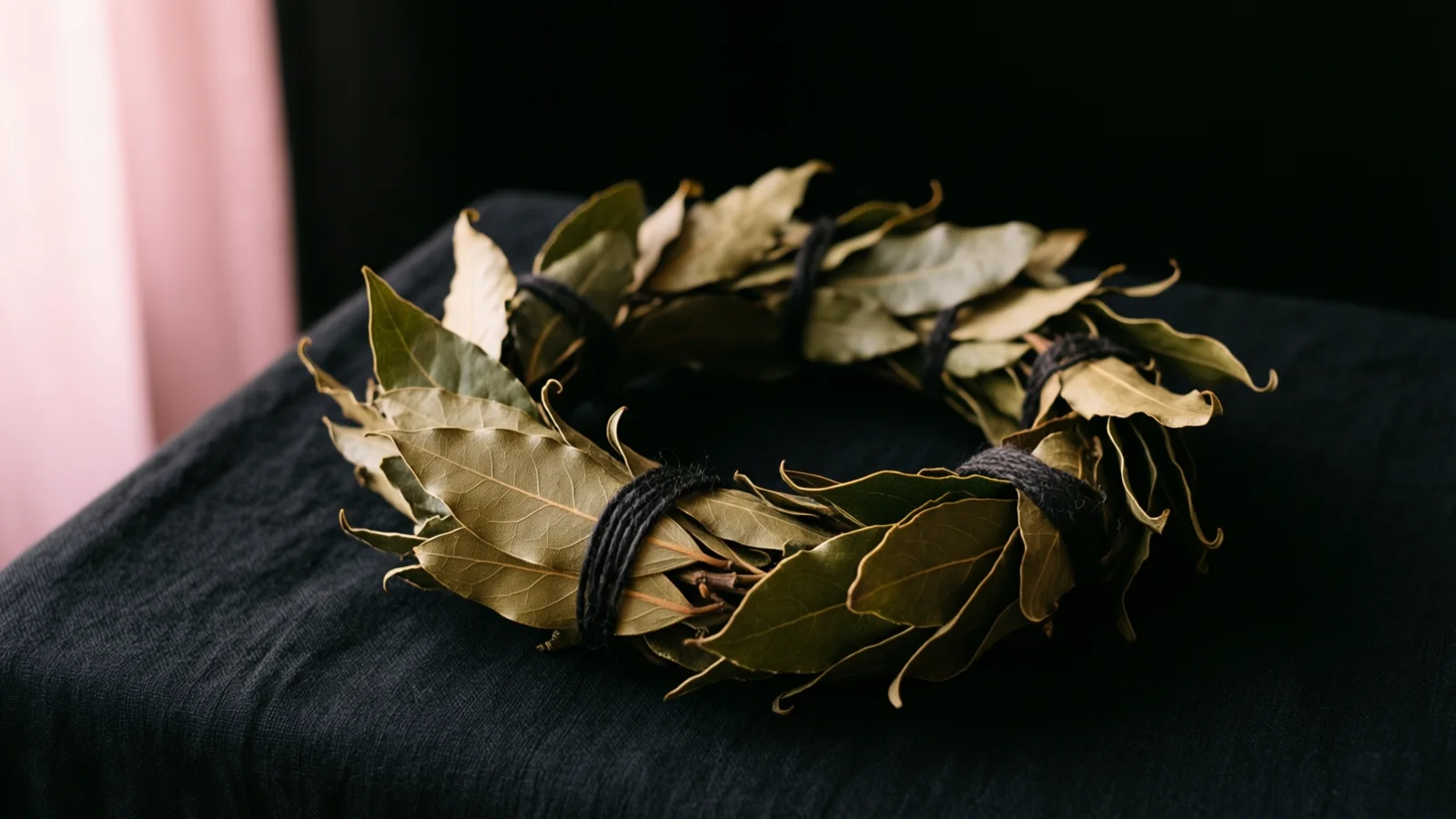 A wreath of dried olive-green leaves, bound in several places with black twine, rests on rumpled black cloth. Soft light from the left shows the leaf veins, a pale pink blur fills the left edge, and the background is black.