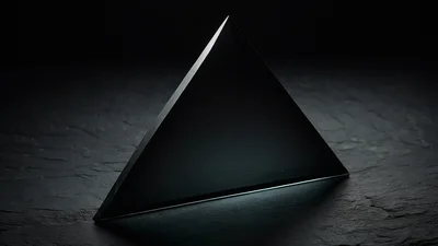 A dark glass triangular prism standing on slate, one thin edge of light tracing its silhouette against a black background.